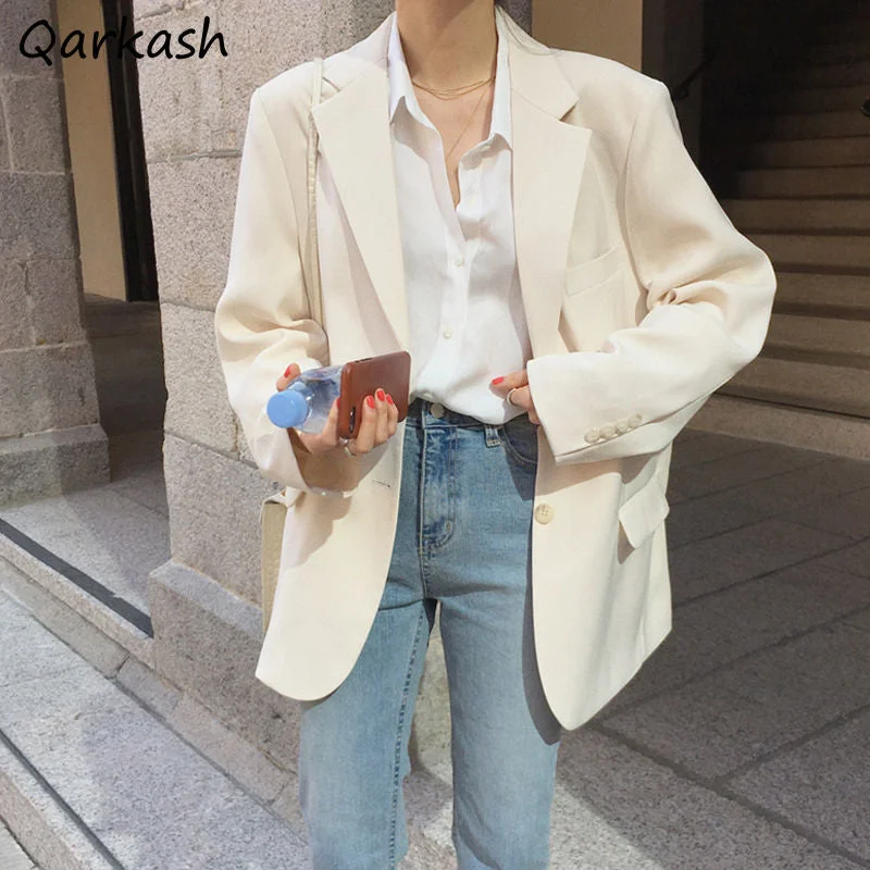 Blazers Women All-match Casual Outwear Oversized Beige Single Breasted Solid Korean Style Office Ladies Elegant Soft Monochrome unclassified dresses