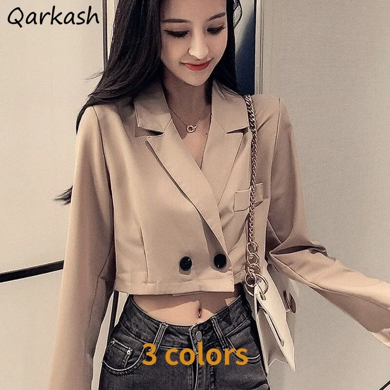 Blazers Women Solid Cropped Simple Elegant Spring 3 Colors Casual Office Lady Basic Outwear Ulzzang Popular Double Breasted Ins Summer unclassified dresses