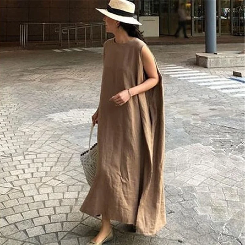 Casual Temperament Summer Women's Dress 2022 Loose Simple Thin Split Fork Oversize Solid Color Round Neck Vest Dress Earthy tone unclassified dresses