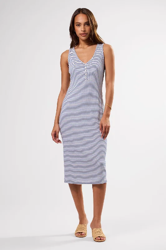 Deacon Organic Cotton Modal Rib Dress - Cannes Stripe Natural Aegean Blue Stretchy unclassified dresses