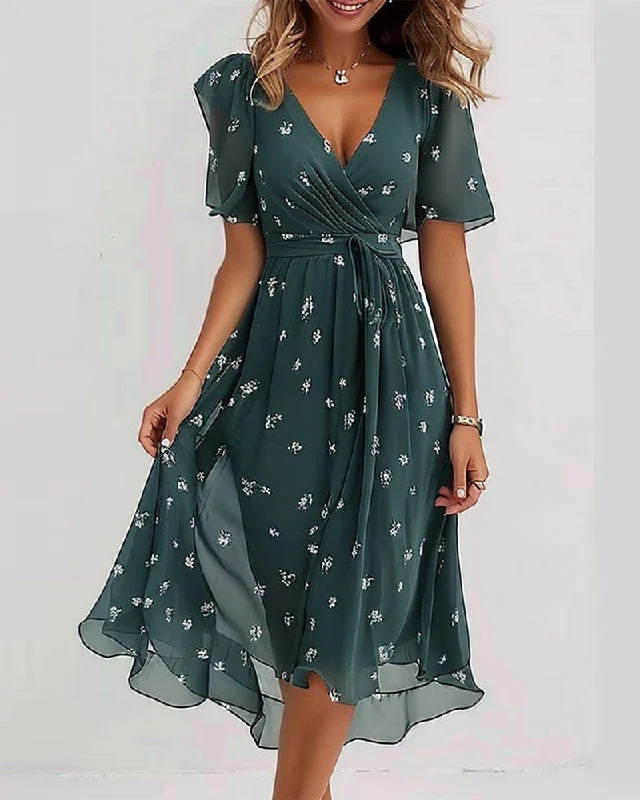 Elegant printed tie V-neck dress Soft fabric unclassified dresses