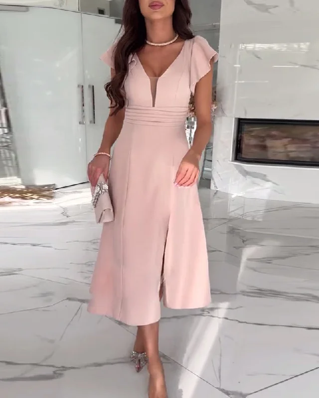 Elegant solid color deep V ruffle sleeve slit dress Preppy unclassified dresses