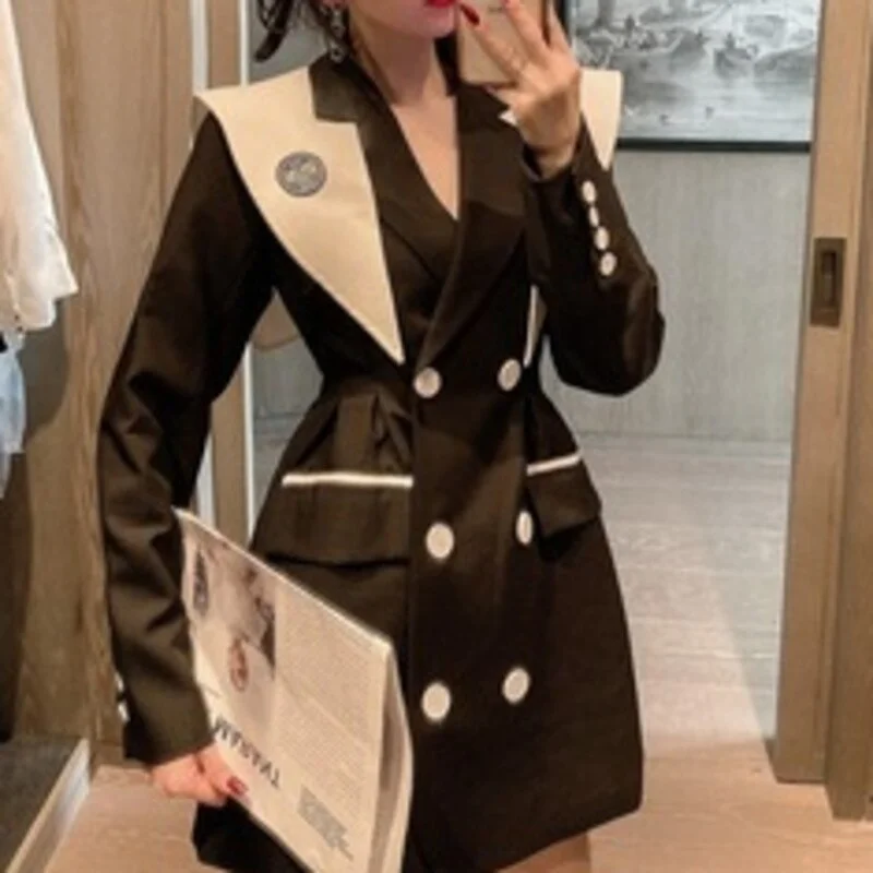 [EWQ] Korea Casual Trendy Women Navy Collar Double-breasted Stitching Contrast Color Loose Blazer Autumn 2022 16E1699 Velvet unclassified dresses