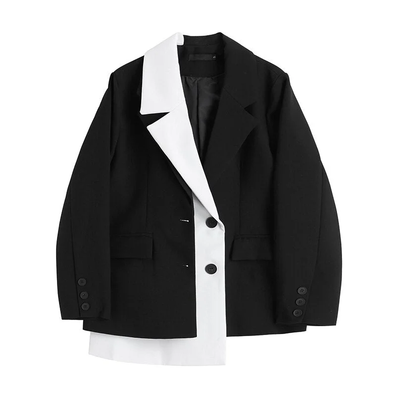 [EWQ] Summer Korea Chic Casual Overcoats Black And White Irregular Contrast Color Loose Suit Women Blazer 2022 16W1063 Color block unclassified dresses