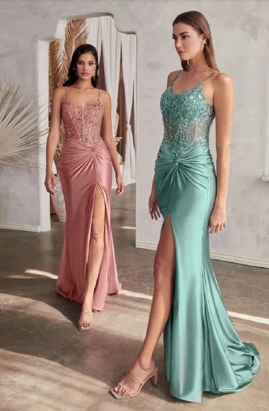 FITTED SATIN GOWN WITH EMBELLISHED BODICE Stretchy unclassified dresses