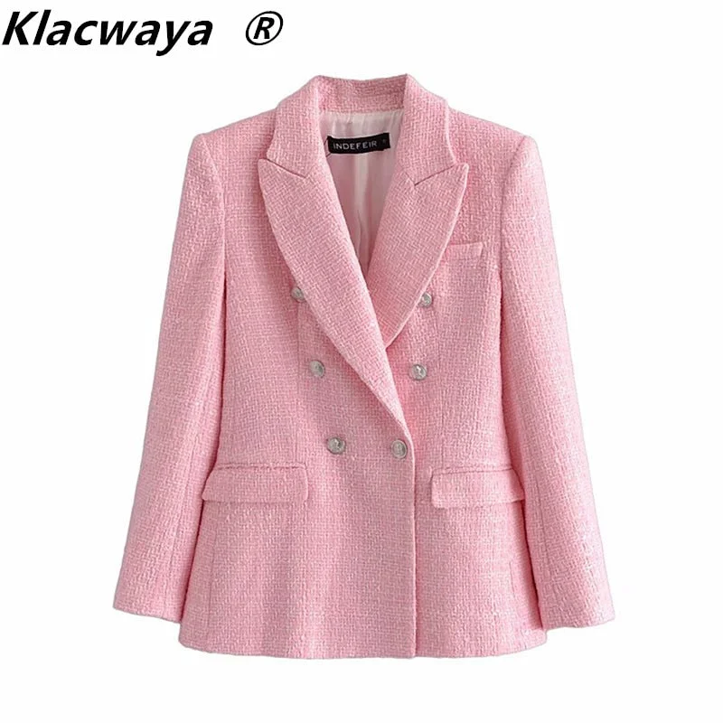 Klacwaya Za 2022 Blazer Women Pink Plaid Texture Casual Blazer Spring Autumn Office Double breasted Blazer Coat Minimalist unclassified dresses