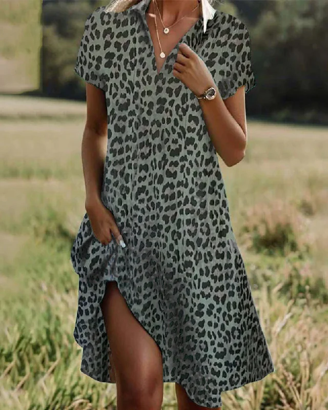 Lapel leopard print dress Boho unclassified dresses