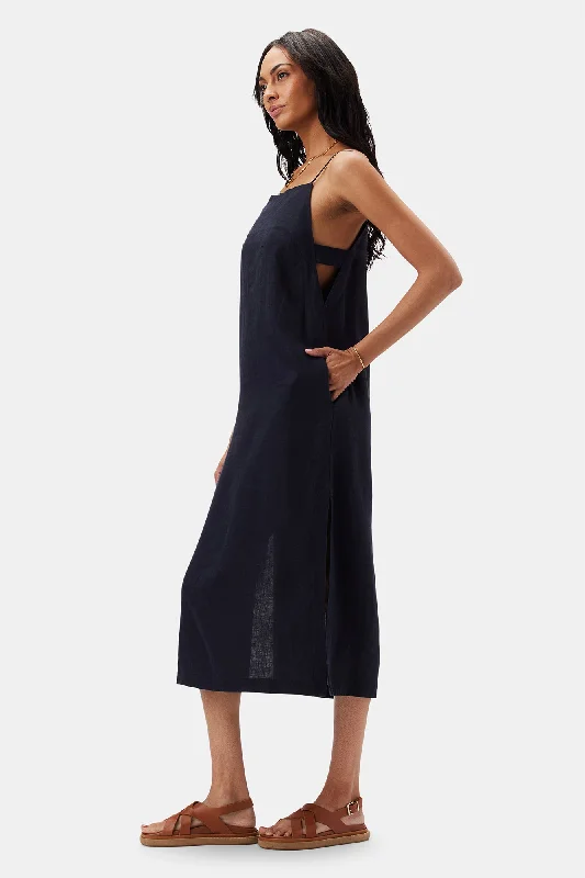 Lilly Pilly Kai Organic Linen Slip Dress - Navy Minimalist unclassified dresses