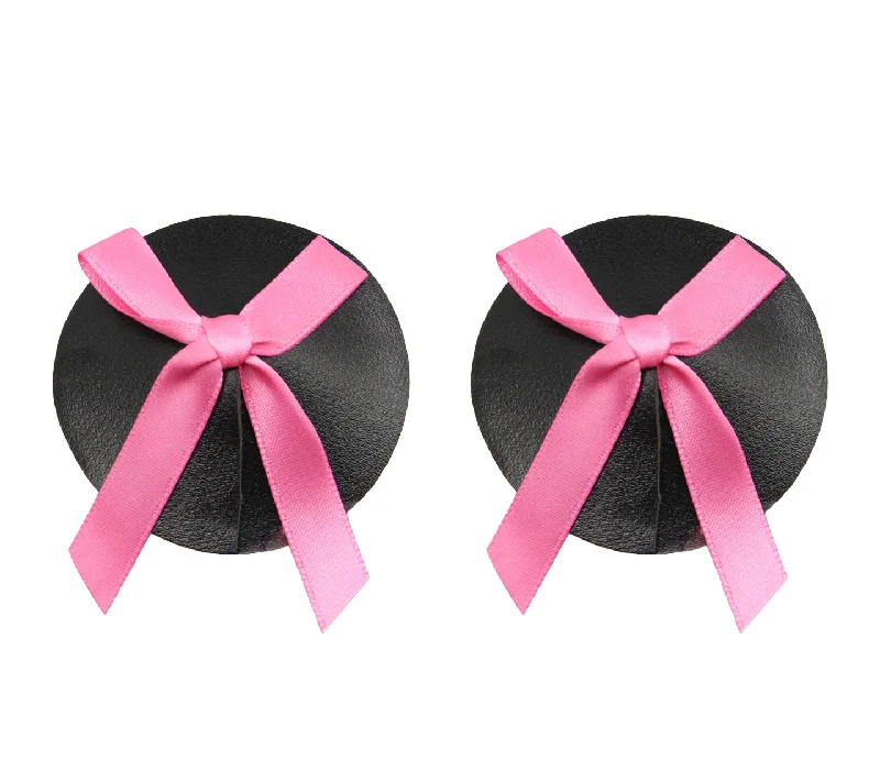 Love in Leather Burlesque Series Black Faux Leather Look Reusable Round Nipple Pasties with Pink Bows Women's unclassified dresses