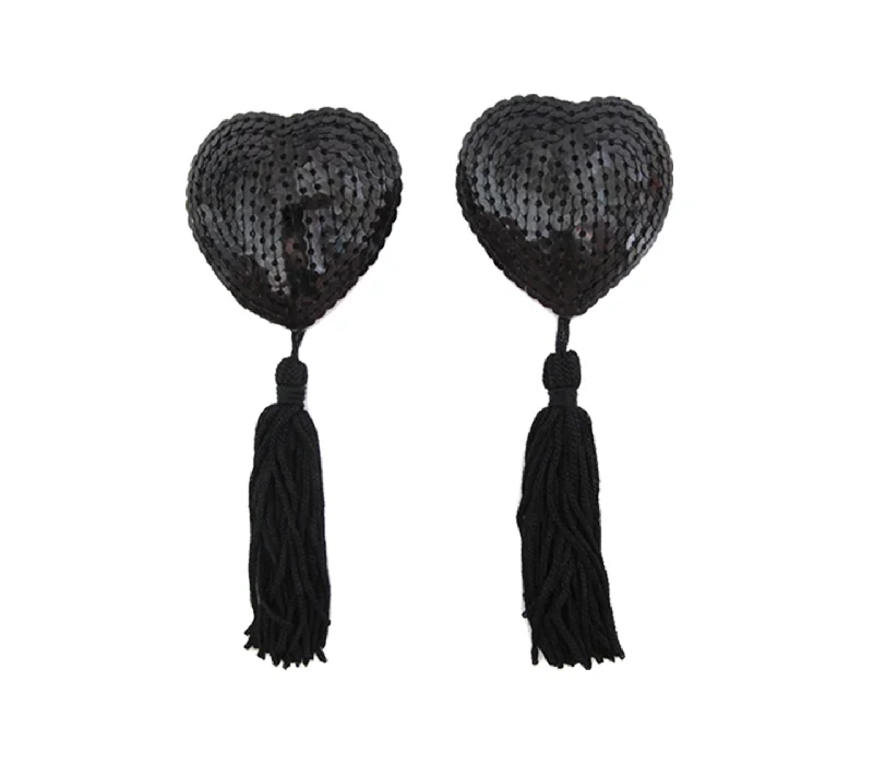 Love in Leather Burlesque Series Black Heart Shaped Reusable Nipple Pasties with Black Tassels Chic unclassified dresses