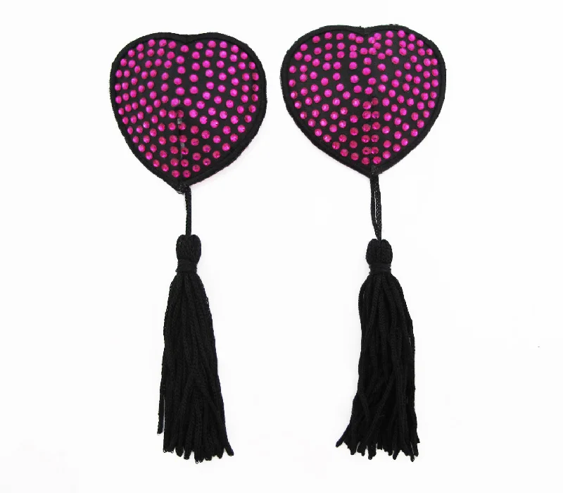 Love in Leather Burlesque Series Diamante Heart Shaped Reusable Nipple Pasties with Tassels Comfortable unclassified dresses