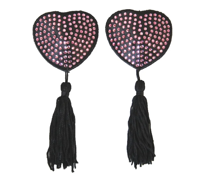 Love in Leather Burlesque Series Diamante Heart Shaped Reusable Nipple Pasties with Tassels Luxury unclassified dresses