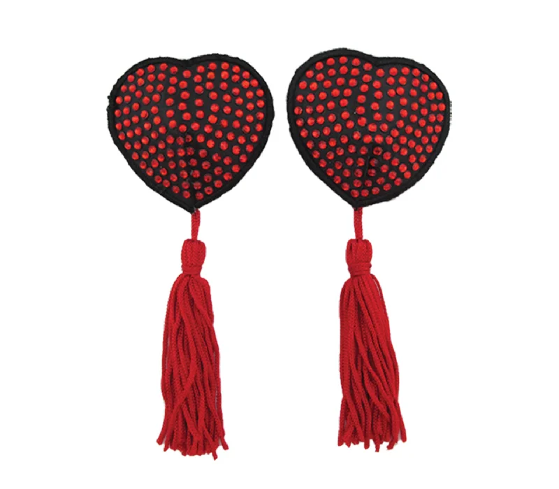 Love in Leather Burlesque Series Diamante Heart Shaped Reusable Nipple Pasties with Tassels One-shoulder unclassified dresses