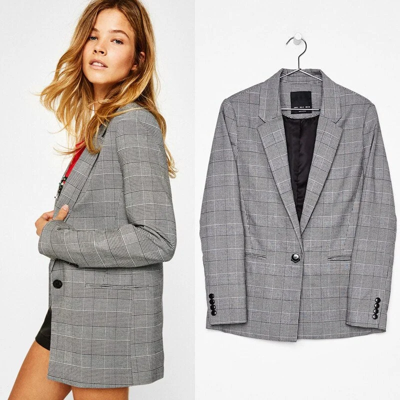 Makuluya Women's Casual Office Lady Plaid Suit Coats Spring Autumn High Street One Button Loose Female Houndstoot QW Soft fabric unclassified dresses