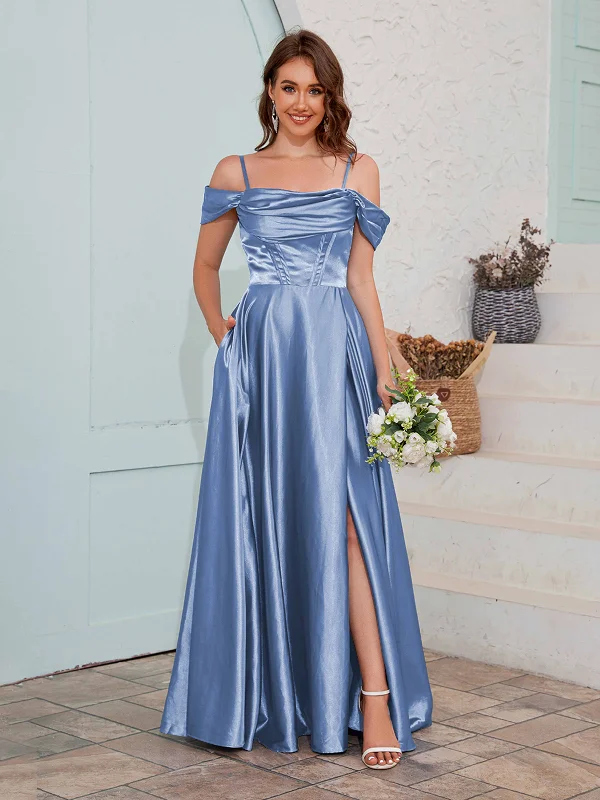 Maren Graceful Off the Shoulder Ruched Slit Floor Length Satin Bridesmaid Dresses Ruffled unclassified dresses