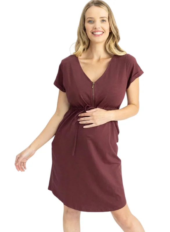 Maternity & Nursing Zipper Drawstring Dress - Burgundy Dark color unclassified dresses