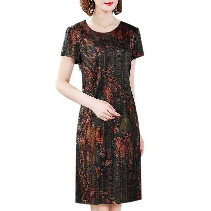 Middle-aged And Elderly Ice Silk Print Dress Fashion Casual Metallic unclassified dresses