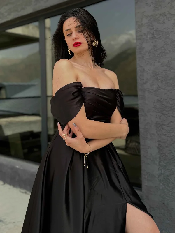 Phoebe Gorgeous Off the Shoulder Ruched Slit Satin Dresses Earthy tone unclassified dresses