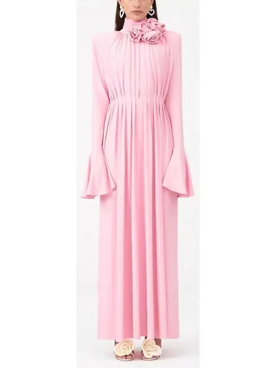 Rose-Appliques Bell Sleeve Pink Dress Graduation unclassified dresses