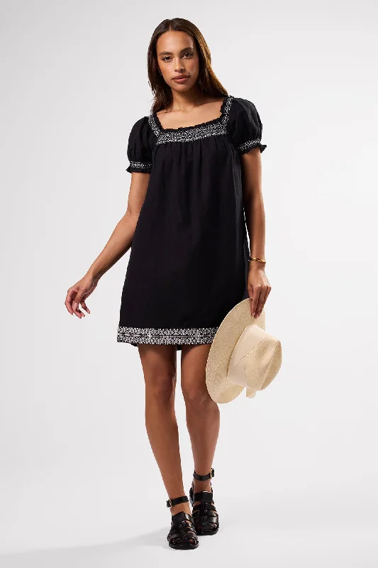 Smocked Embroidery Dress - Black White Embroidery Velvet unclassified dresses