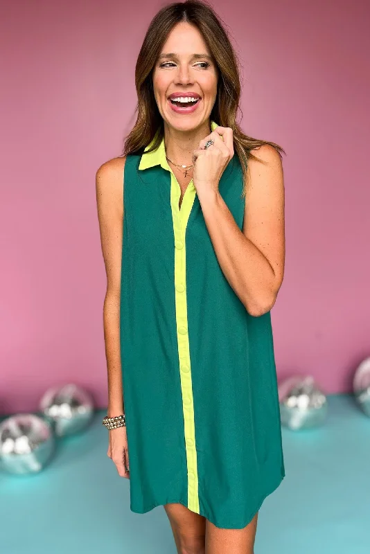 SSYS The Penelope Colorblock Collared Sleeveless Dress In Hunter Green *FINAL SALE* Open-back unclassified dresses