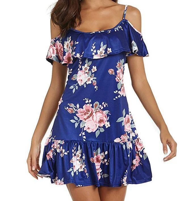 Summer Hot Print Spaghetti-strap Ruffle Pleated Off-shoulder Dress For Women Lace unclassified dresses