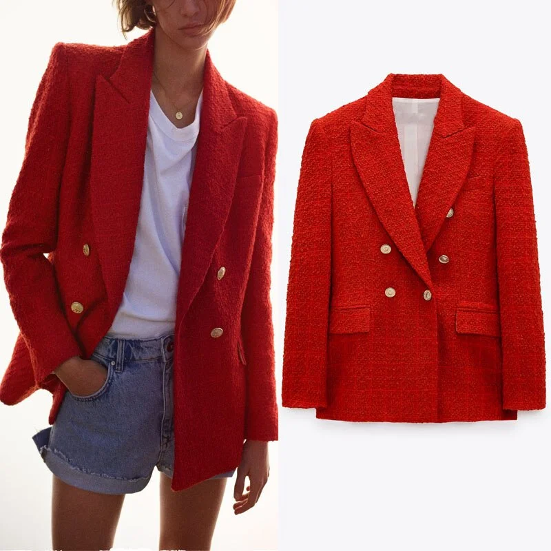 Summer Red Testured Double Breasted Blazers Women Za 2022 Vintage Lapel Pronounced Shoulders Blazer Casual Pocket Woman Blazers Comfortable unclassified dresses