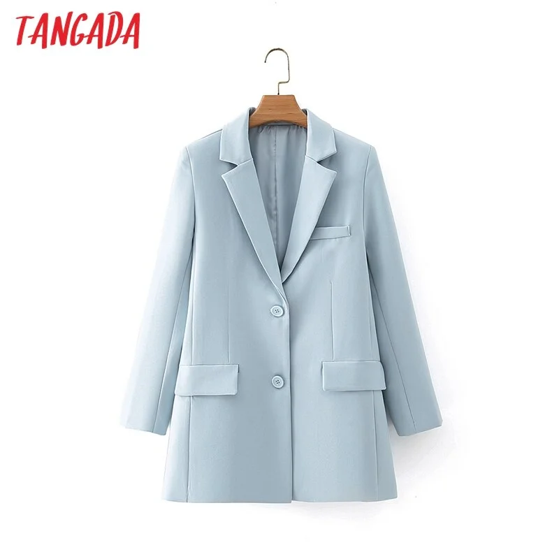 Tangada Women Blue Blazer Coat Vintage Notched Collar Pocket 2022 Female Casual Chic Tops DA09 Knitted unclassified dresses