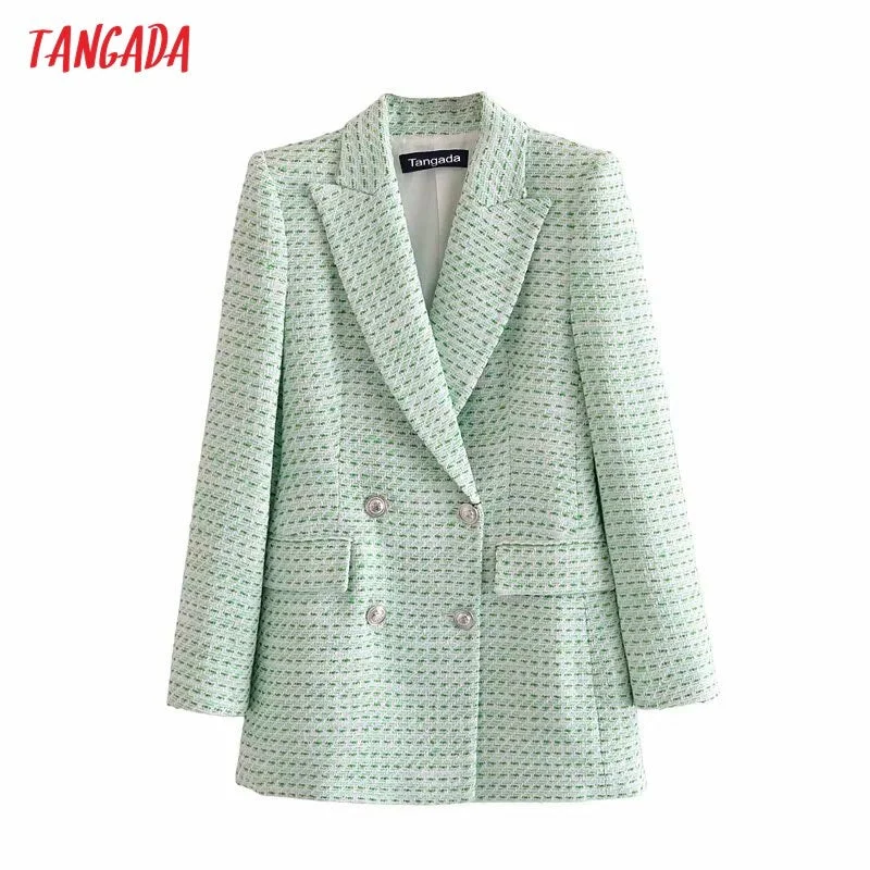 Tangada Women Green Tweed Blazer Coat Vintage Notched Collar Pocket 2022 Female Casual Chic Tops 3H408 Bold pattern unclassified dresses