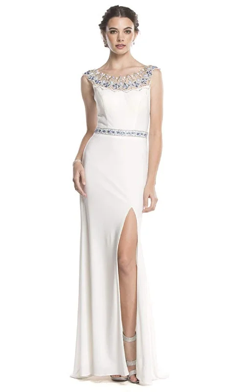 Trevi Collection L1606 - Embellished Bateau Column Slit Gown Long sleeve unclassified dresses