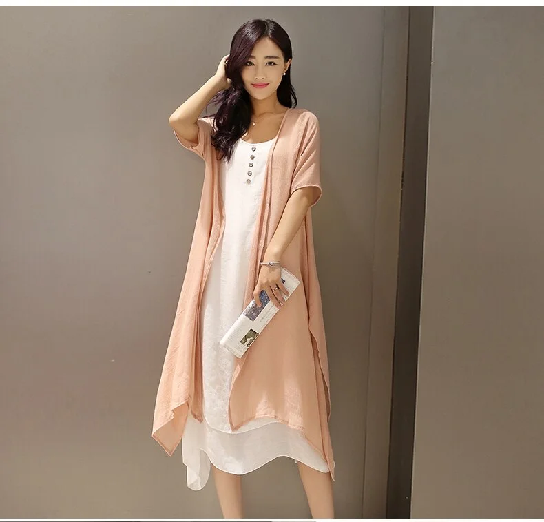 two pcs dress and outwear sets o-neck design casual summer  Linen dress Solid Color Pleated  linen dress for womens/girl Sequin unclassified dresses