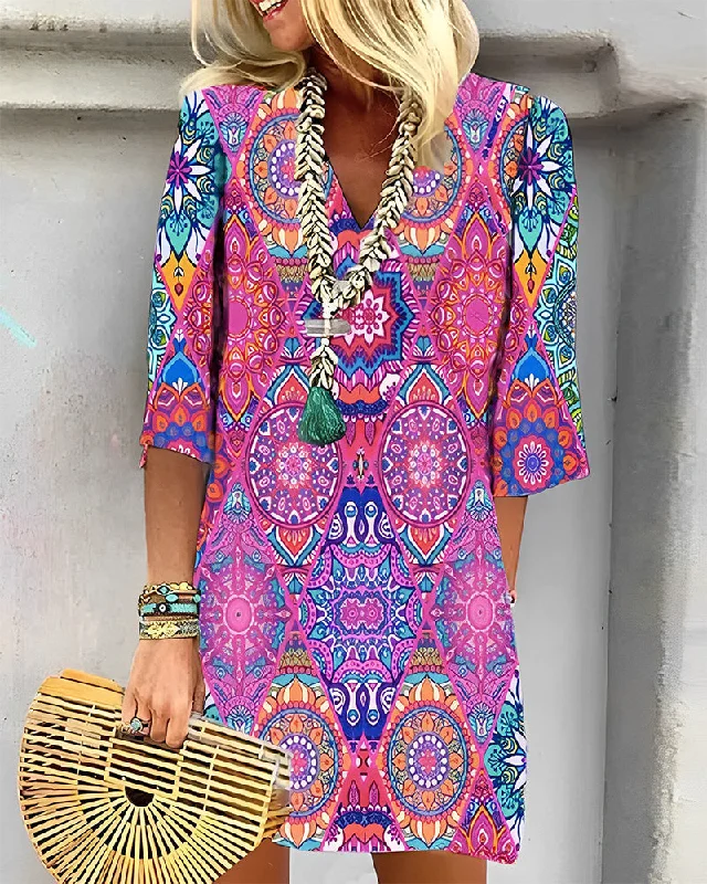 Geometric Print 3/4 Sleeve Dress One-shoulder unclassified dresses