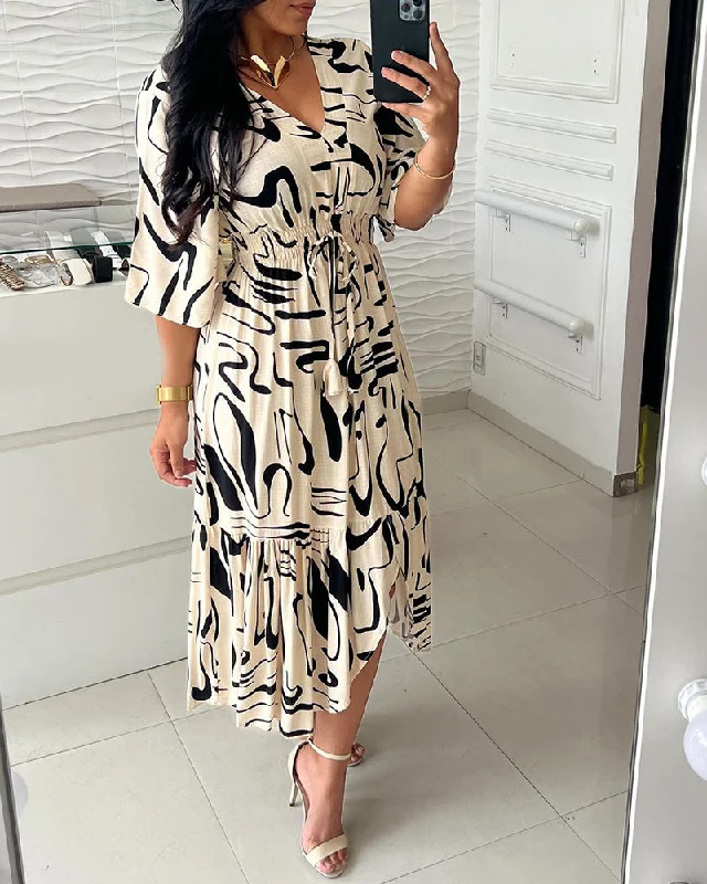 V-neck waist ink print dress High-low unclassified dresses