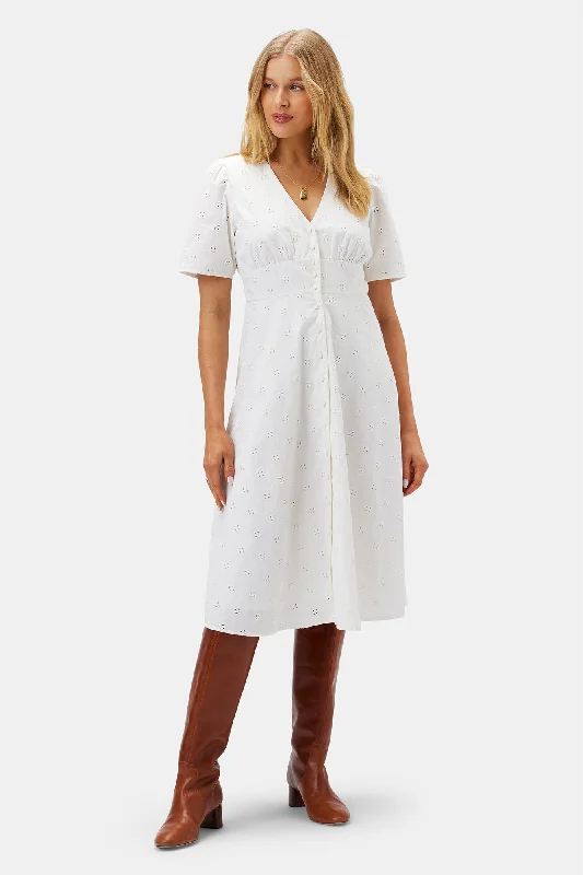 Violette Organic Cotton Eyelet Dress - White Ruched unclassified dresses