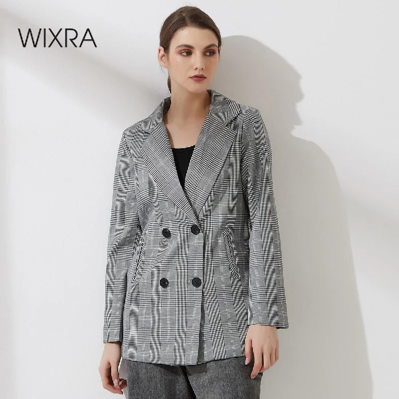 Wixra Women Plaid Casual Double Breasted Blazer Coat Turn Down Collar Pockets Female OL Chic Tops Hot Embroidered unclassified dresses