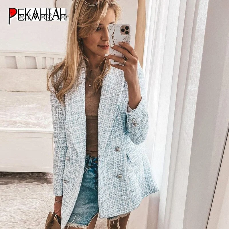 ZA 2022 Blue Tweed blazer Women Turn-down Collar Double Breasted suit Coat Female office Casual Outerwear Velvet unclassified dresses