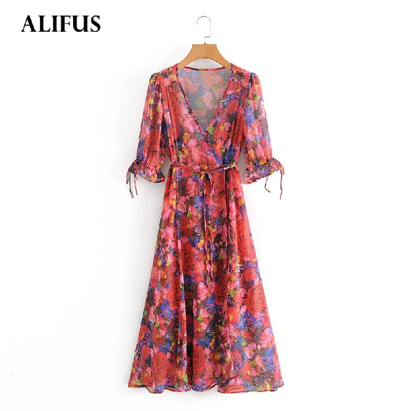 Za Women Dress 2022 Bohemian style red printed chiffodress half sleeve V-neck butterfly end waist casual dress Vestidos Satin unclassified dresses