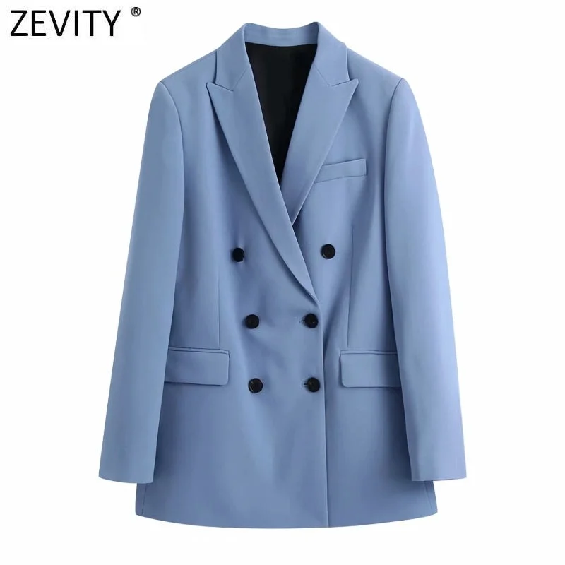 Zevity 2022 Women Double Breasted Casual Blazer Coat Office Ladies Pockets Stylish Outwear Suit Chic Business tops CT661 Bold pattern unclassified dresses