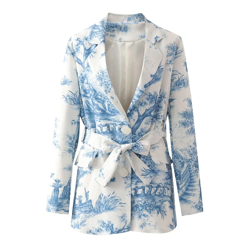 ZXQJ elegant women blue and white printing blazer 2022 ladies Chinese style suits casual female sashes blazer chic girls Ruched unclassified dresses