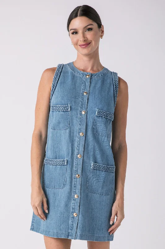 Lalavon Braided Denim Pocket Front Sleeveless Mini Dress Skirt with Buttons