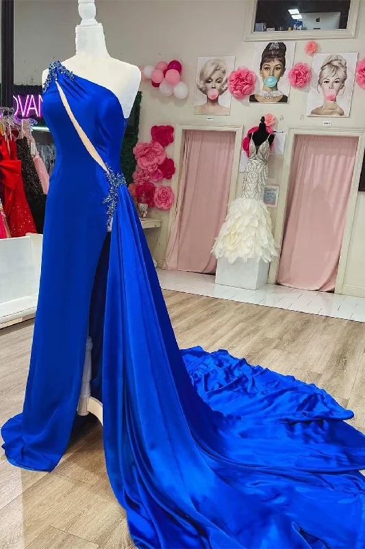 Royal Blue Beaded Keyhole Long Formal Dress with Attached Train Chic Maxi Skirt