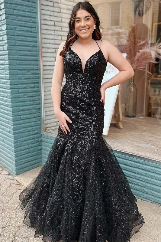 Black Tulle Applique Plunge V Trumpet Long Prom Dress Bohemian Maxi Skirt