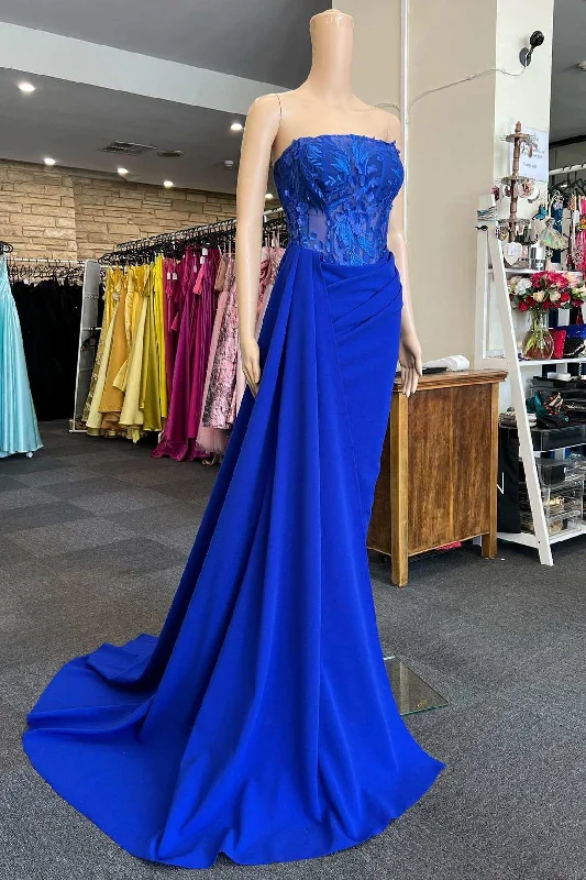 Blue Appliques Strapless Long Formal Gown with Attached Train Fitted Maxi Skirt