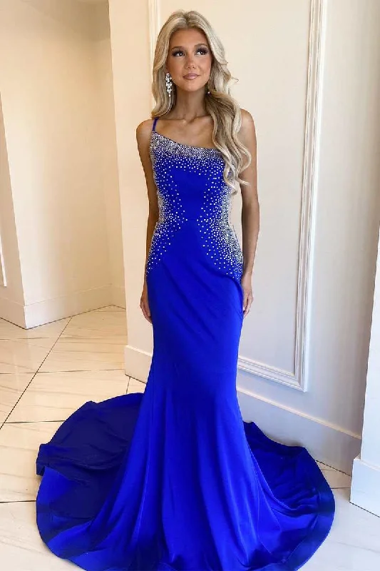 Blue Beaded One-Shoulder Backless Mermaid Long Prom Gown Soft Flow Maxi