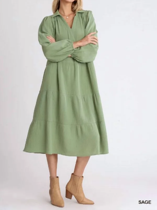 Gauze Long Sleeve Tiered Maxi Dress In Sage Flowing Boho Skirt