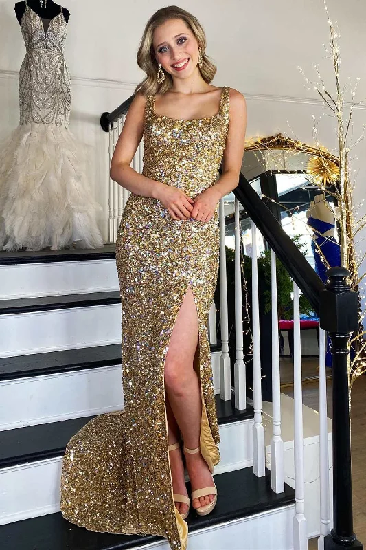 Gold Sequin Square Neck Backless Long Formal Dress with Slit Maxi Skirt Dress