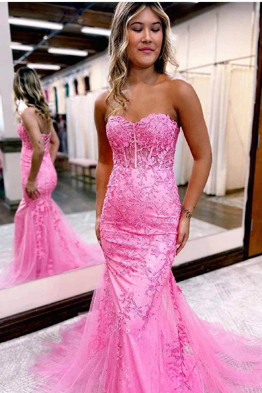 Hot Pink Appliques Sweetheart Lace-Up Trumpet Long Prom Dress Sleek Maxi Skirt