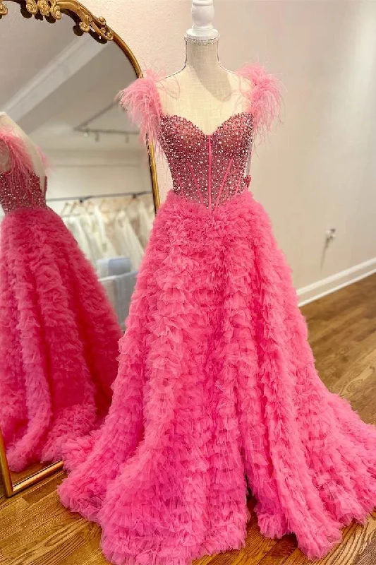 Hot Pink Beaded Feather Off-the-Shoulder Tiered Long Prom Dress with Ruffles Maxi Skirt Look