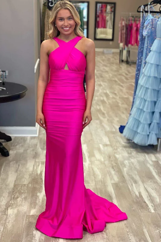 Hot Pink Cross-Front Mermaid Long Formal Dress Maxi Skirt Party