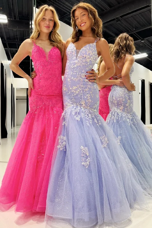 Hot Pink Tulle Lace V-Neck Trumpet Long Prom Dress Trendy Maxi Skirt